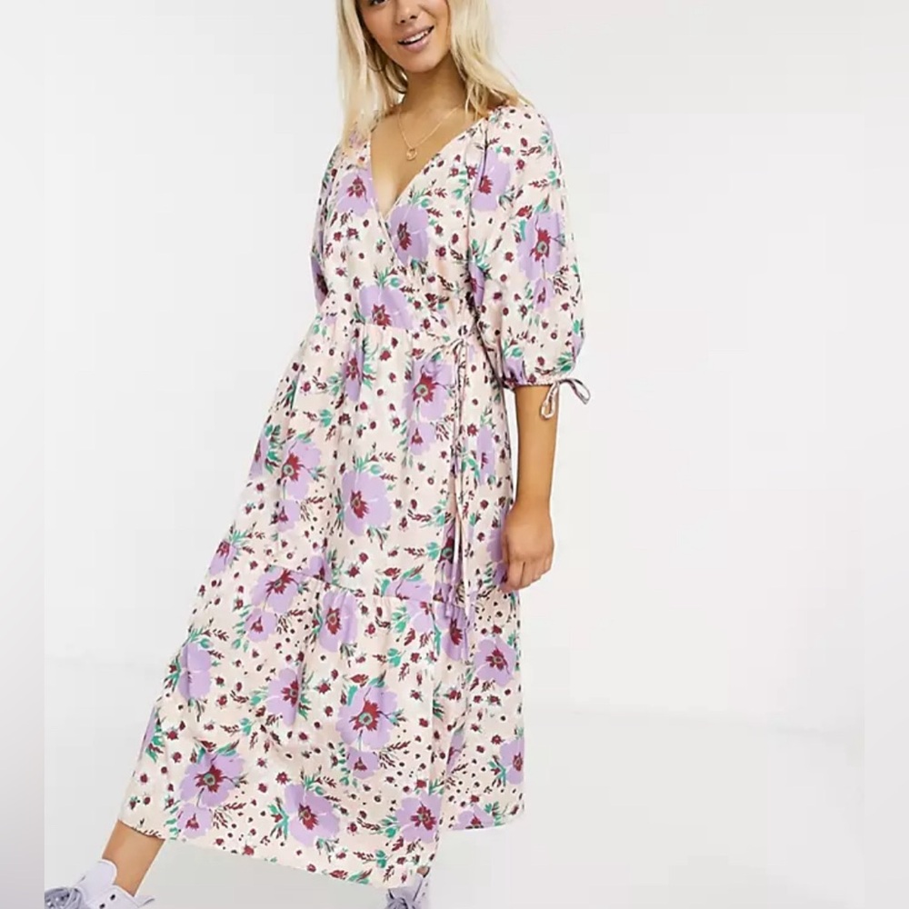 ASOS Design cotton poplin smock wrap midi dress in bright floral print